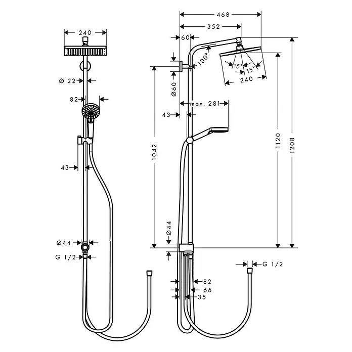 Hansgrohe Duschsystem Crometta E Showerpipe 240 - Lochabstand: 104,2 cm, Anzahl Strahlarten: 2 Stk., Chrom