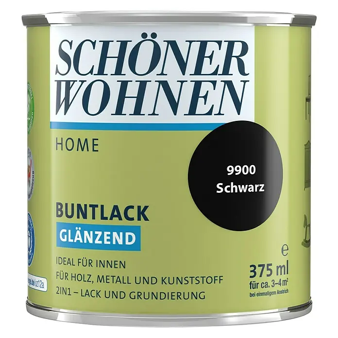 SCHÖNER WOHNEN-Farbe Home Buntlack - Schwarz, 375 ml, Glänzend - Vorderansicht