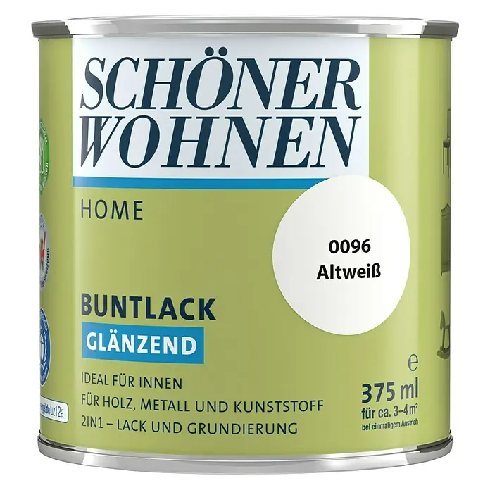 SCHÖNER WOHNEN-Farbe Home Buntlack - Altweiß, 375 ml, Glänzend - Vorderansicht