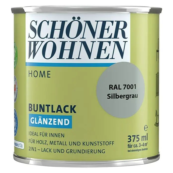 SCHÖNER WOHNEN-Farbe Home Buntlack RAL 7001 - Silbergrau, 375 ml, Glänzend - Vorderansicht