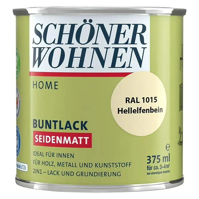SCHÖNER WOHNEN-Farbe Home Buntlack RAL 1015 - Hellelfenbein, 375 ml, Seidenmatt - Vorderansicht
