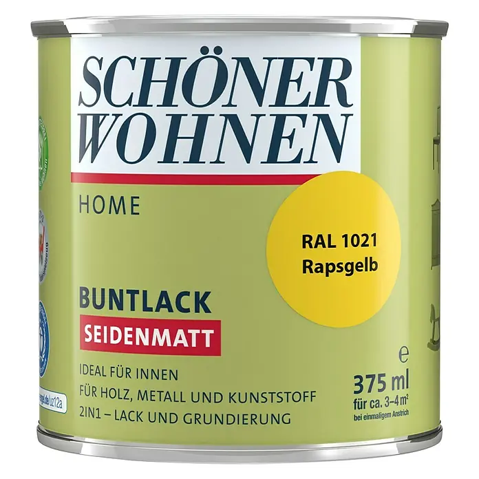 SCHÖNER WOHNEN-Farbe Home Buntlack RAL 1021 - Rapsgelb, 375 ml, Seidenmatt - Vorderansicht