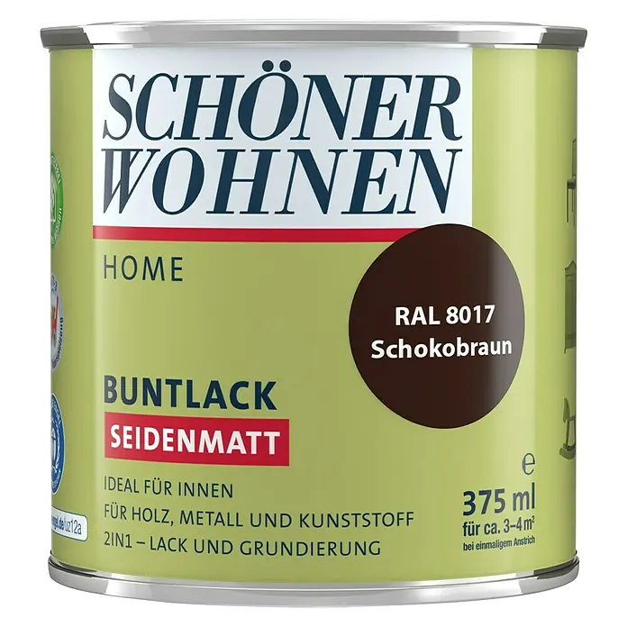 SCHÖNER WOHNEN-Farbe Home Buntlack RAL 8017 - Schokobraun, 375 ml, Seidenmatt - Vorderansicht