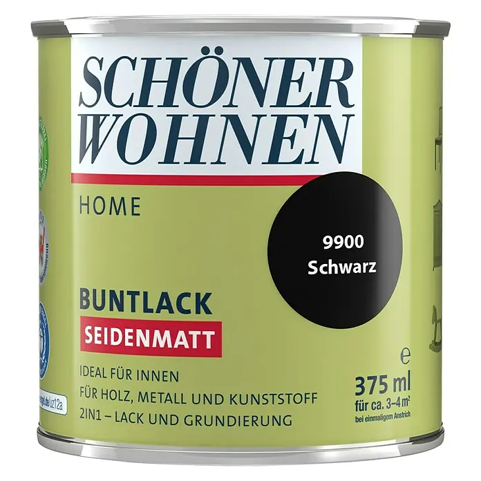 SCHÖNER WOHNEN-Farbe Home Buntlack - Schwarz, 375 ml, Seidenmatt - Vorderansicht