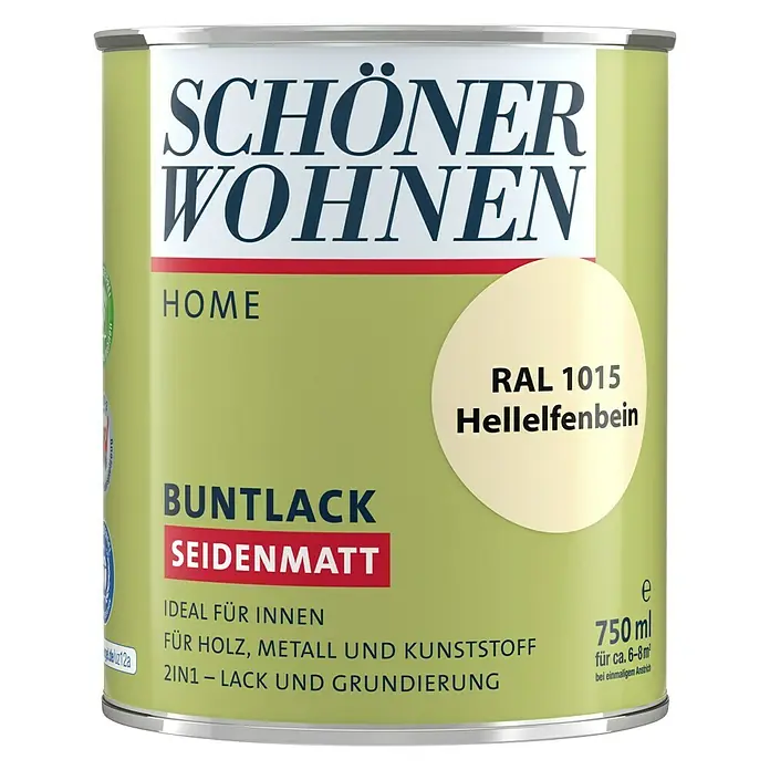 SCHÖNER WOHNEN-Farbe Home Buntlack RAL 1015 - Hellelfenbein, 750 ml, Seidenmatt - Vorderansicht