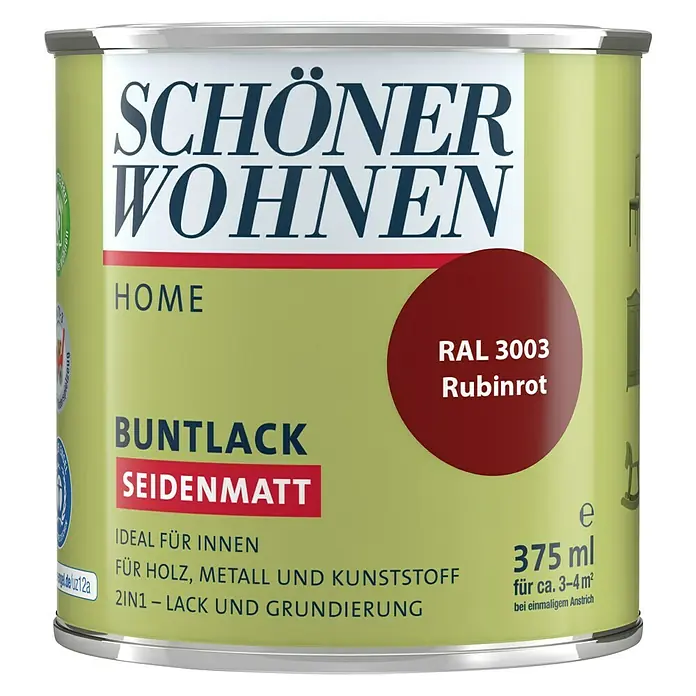 SCHÖNER WOHNEN-Farbe Home Buntlack RAL 3003 - Rubinrot, 375 ml, Seidenmatt - Vorderansicht