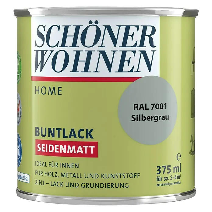 SCHÖNER WOHNEN-Farbe Home Buntlack RAL 7001 - Silbergrau, 375 ml, Seidenmatt - Vorderansicht