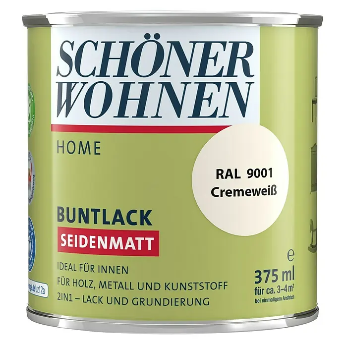 SCHÖNER WOHNEN-Farbe Home Buntlack RAL 9001 - Cremeweiß, 375 ml, Seidenmatt - Vorderansicht