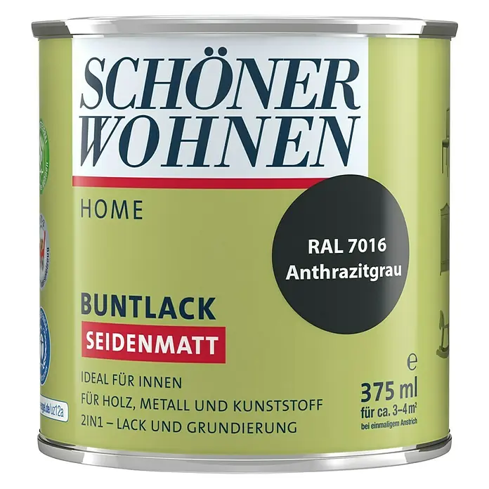 SCHÖNER WOHNEN-Farbe Home Buntlack - Anthrazitgrau, 375 ml, Seidenmatt - Vorderansicht