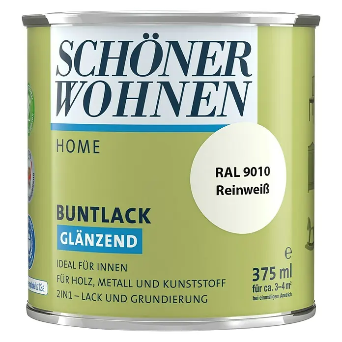 SCHÖNER WOHNEN-Farbe Home Buntlack - Reinweiß, 375 ml, Glänzend - Vorderansicht