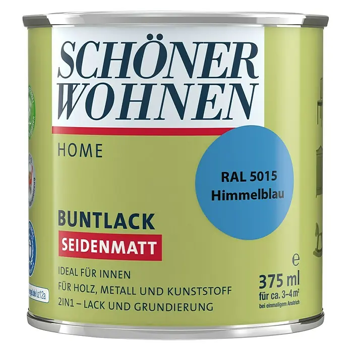 SCHÖNER WOHNEN-Farbe Home Buntlack - Himmelblau, 375 ml, Seidenmatt - Vorderansicht