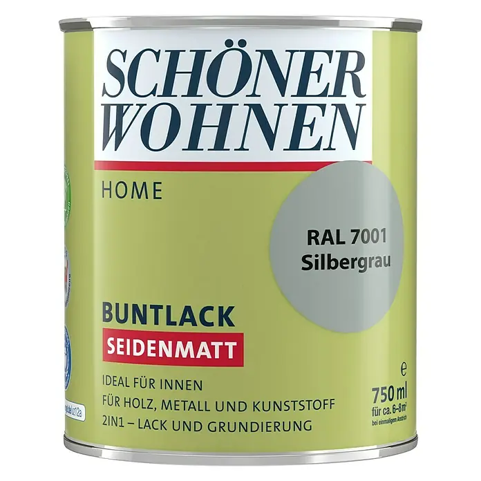 SCHÖNER WOHNEN-Farbe Home Buntlack - Silbergrau, 750 ml, Seidenmatt - Vorderansicht