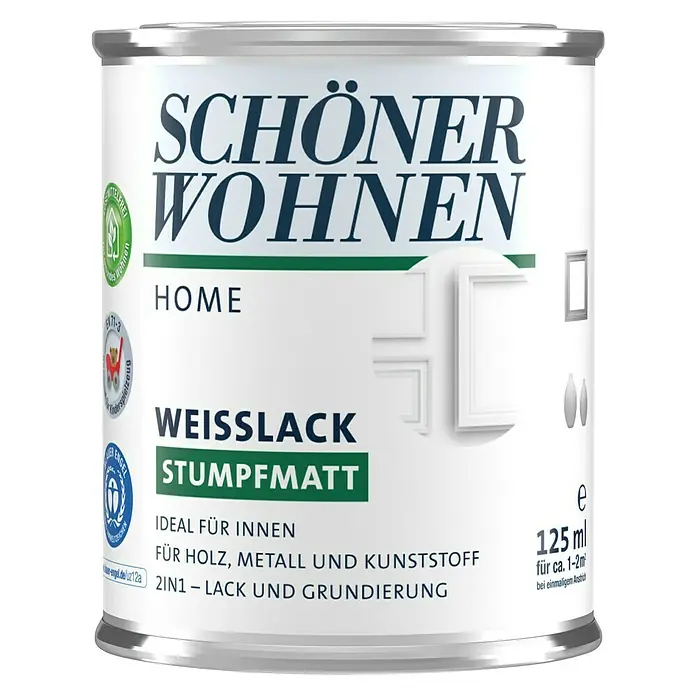 SCHÖNER WOHNEN-Farbe Home Weißlack - Reinweiß, 125 ml, Stumpfmatt - Vorderansicht