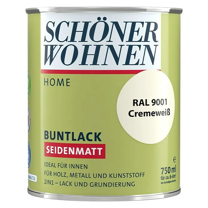 SCHÖNER WOHNEN-Farbe Home Buntlack - Cremeweiß, 750 ml, Seidenmatt - Vorderansicht