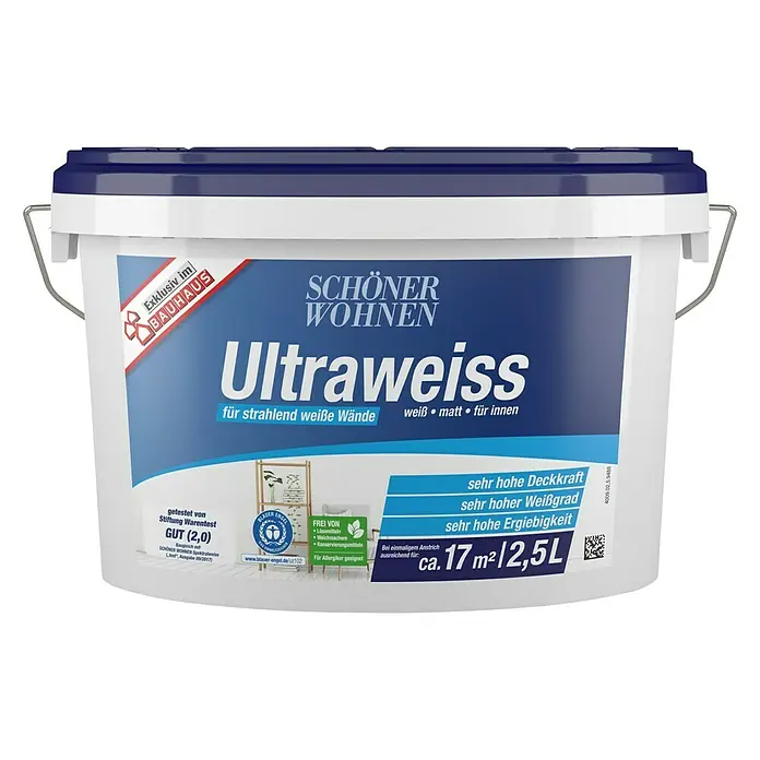 SCHÖNER WOHNEN-Farbe Wandfarbe Ultraweiß - Weiß, 2,5 l, Matt - Vorderansicht