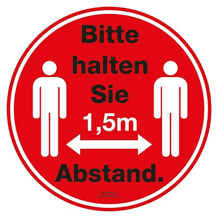 Aufkleber - Bitte 1,5 m Abstand halten, Rot, Durchmesser: 150 mm - Vorderansicht