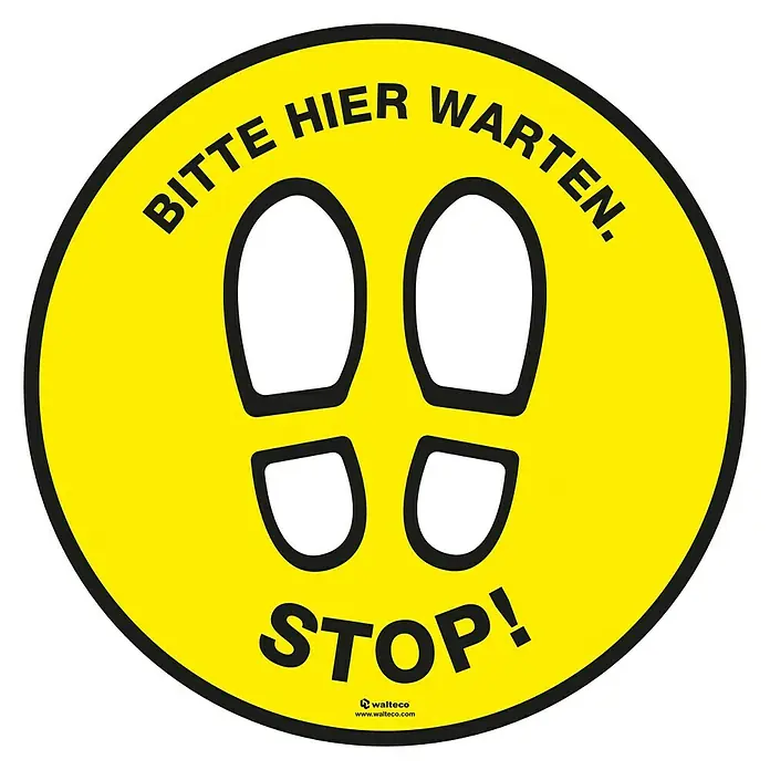 Aufkleber - STOP Bitte hier warten, Gelb, Durchmesser: 400 mm - Vorderansicht
