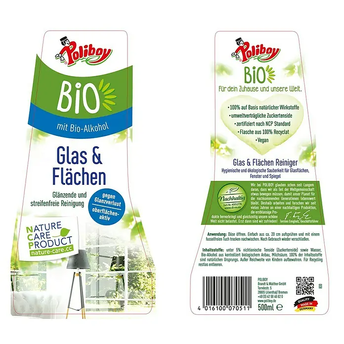 Poliboy Bio Glasreiniger - 500 ml, Flasche mit Sprühkopf