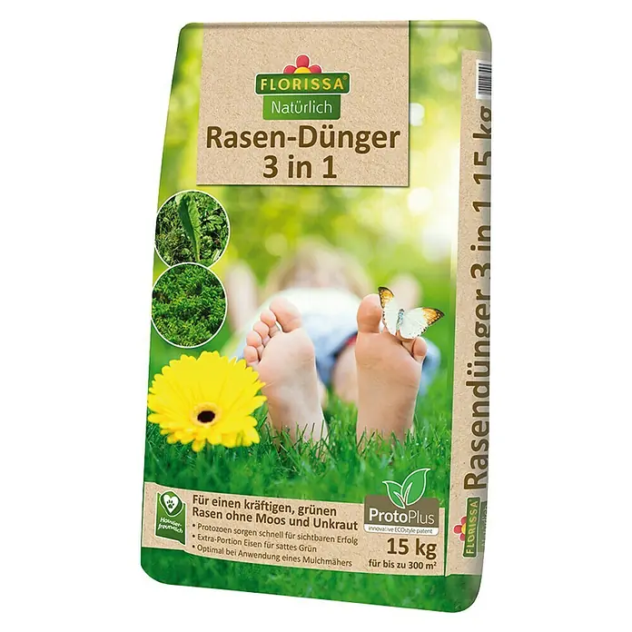 Florissa Rasendünger 3 in 1 - 15 kg, Inhalt ausreichend für ca.: 300 m²