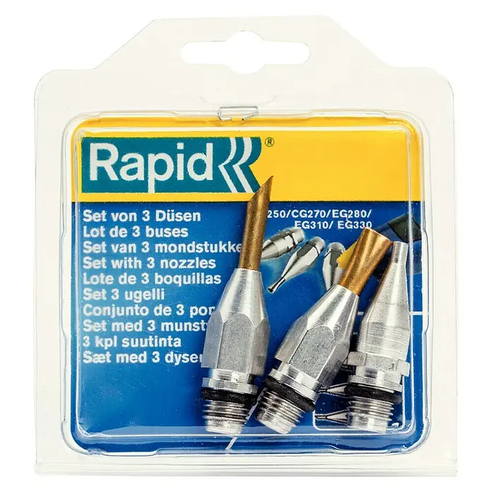Rapid Set mlaznica - 3 -dij., Namijenjeno za: Rapid pištolji za vruće ljepilo, Rapid pištolj za vruće ljepilo EG250, Rapid pištolj za vruće ljepilo EG280, Rapid pištolj za vruće ljepilo EG310, Rapid pištolj za vruće ljepilo EG330, Rapid pištolj za vruće ljepilo CG270, Rapid pištolj za vruće ljepilo BGX300 - Pogled sprijeda
