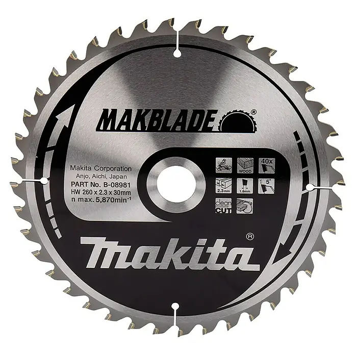 Makita Disco de sierra Makblade - 260 mm, Orificio: 30 mm, 40 dientes