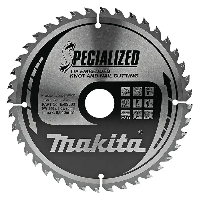 Makita Disco de sierra Specialized - Diámetro: 190 mm, Orificio: 30 mm, Número de dientes: 40 dientes