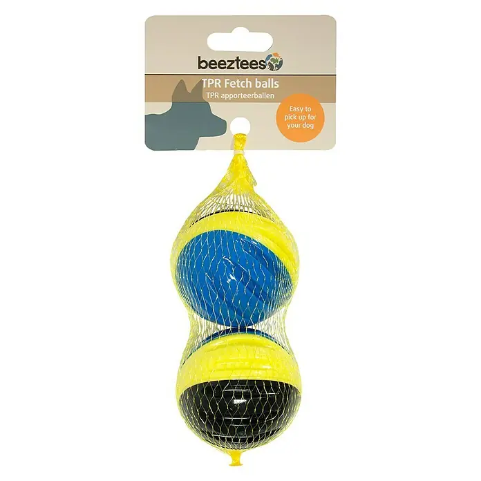 Beeztees Fetch Juguete para perros Pelota - Diámetro: 6 cm, Goma, Azul/Amarillo/Negro - Vista frontal