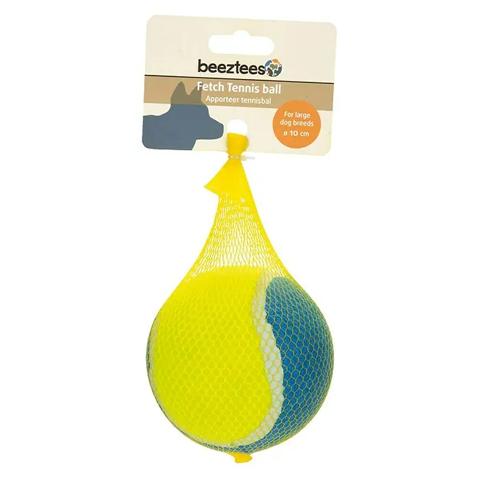 Beeztees Fetch Juguete para perros Pelota de tenis - Diámetro: 10 cm, Goma, Azul/Amarillo - Vista frontal