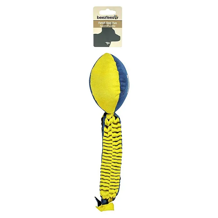 Beeztees Fetch Juguete para perros Pelota con forma abierta - Nylon, Azul/Amarillo/Negro, Largo: 61 cm - Vista frontal