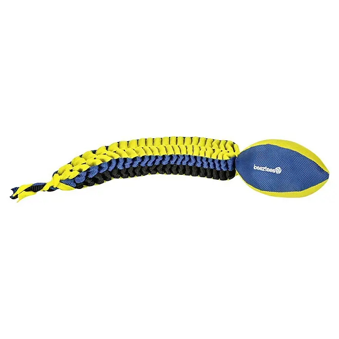 Beeztees Fetch Juguete para perros Pelota con forma abierta - Nylon, Azul/Amarillo/Negro, Largo: 61 cm - Vista de perfil derecho
