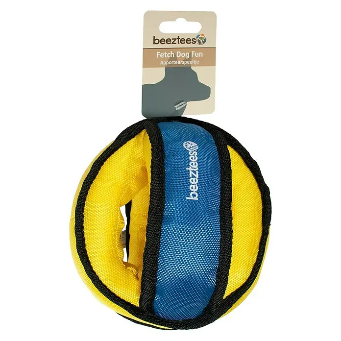 Beeztees Fetch Juguete para perros Pelota con forma abierta - Nylon, Azul/Amarillo/Negro, Diámetro: 16,5 cm - Vista frontal