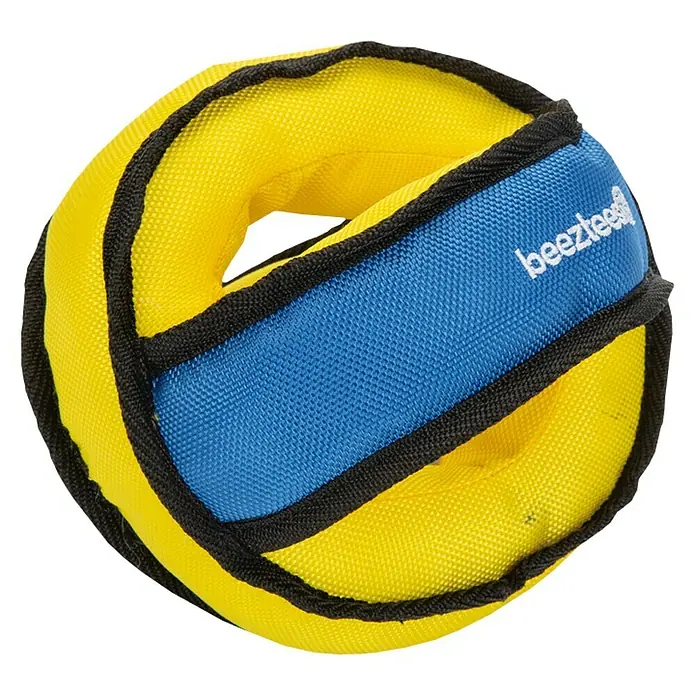 Beeztees Fetch Juguete para perros Pelota con forma abierta - Nylon, Azul/Amarillo/Negro, Diámetro: 16,5 cm - Primer plano