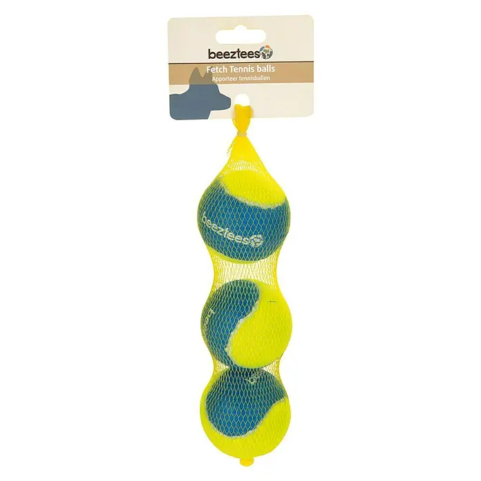 Beeztees Fetch Juguete para perros Pelota de tenis - Diámetro: 6,3 cm, Goma, Azul/Amarillo - Vista frontal