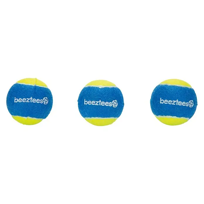 Beeztees Fetch Juguete para perros Pelota de tenis - Diámetro: 6,3 cm, Goma, Azul/Amarillo - Primer plano