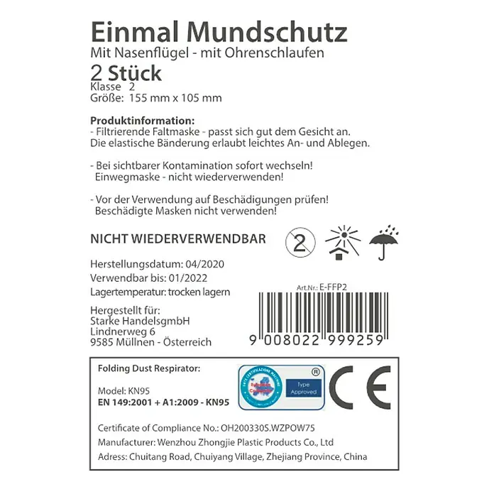 Einweg-Mund- & Nasenmaske - 2 Stk., FFP2