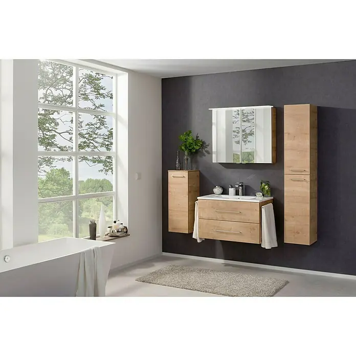 LED-Spiegelschrank B.perfekt - B x H: 15 x 69 cm, Mit Beleuchtung, Spanplatte, Eiche Nachbildung