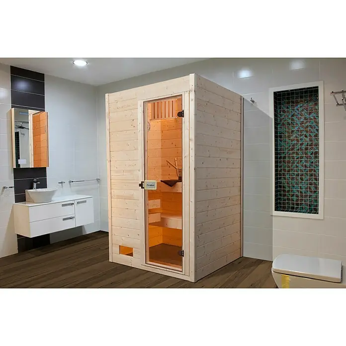 Finnwood Massivholzsauna Lasse 1 - Mit 3,6 kW Saunaofen mit integrierter Steuerung, Material Tür: Einscheibensicherheitsglas (ESG), 139 x 139 x 203 cm - Stimmungsaufnahme