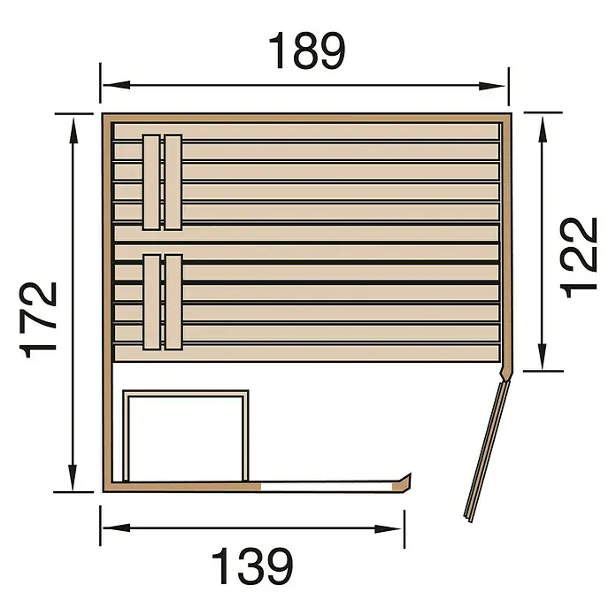 Finnwood Massivholzsauna Lasse 3 - Mit 7,5 kW Bio-Ofen mit externer Steuerung, Material Tür: Einscheibensicherheitsglas (ESG), 172 x 189 x 203 cm - Ansicht von oben