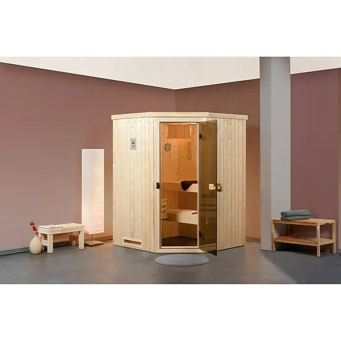 Finnwood Elementsauna Ronja 1 - Mit 3,6 kW Saunaofen mit externer Steuerung, Material Tür: Einscheibensicherheitsglas (ESG), 142 x 142 x 199 cm - Stimmungsaufnahme