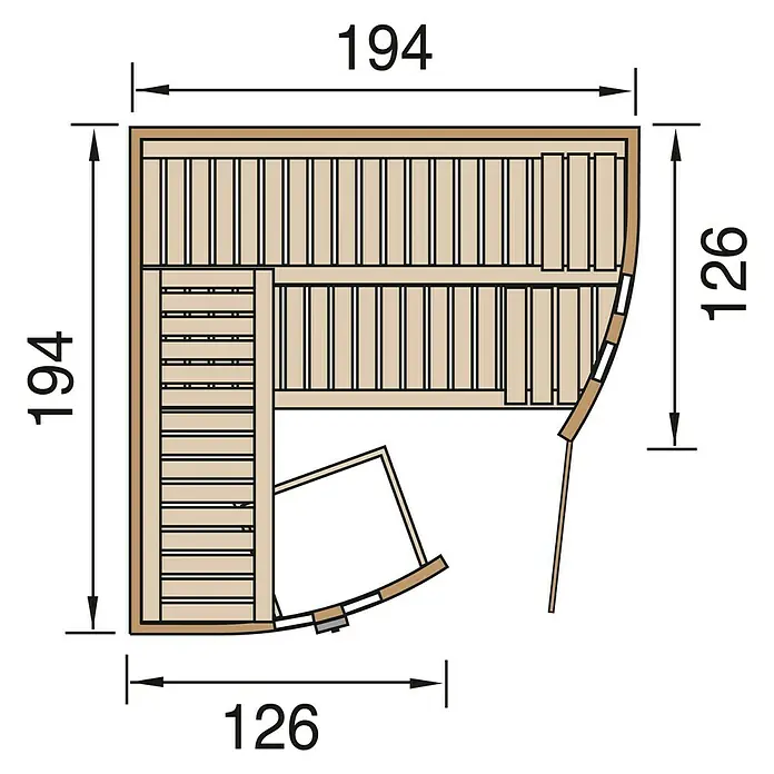 Finnwood Elementsauna Thea 1 - Mit 9 kW Saunaofen mit integrierter Steuerung, Material Tür: Einscheibensicherheitsglas (ESG), 192 x 192 x 199 cm - Ansicht von oben