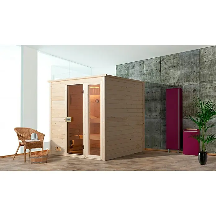 Finnwood Massivholzsauna Bjoern Trend 1 - Mit 7,5 kW Bio-Ofen mit externer Steuerung, Material Tür: Einscheibensicherheitsglas (ESG), 148 x 198 x 203 cm - Stimmungsaufnahme