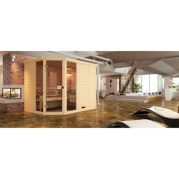 Finnwood Massivholzsauna Bjarne 2 - Mit 7,5 kW Saunaofen mit externer Steuerung, Material Tür: Einscheibensicherheitsglas (ESG), 187 x 237 x 200 cm - Stimmungsaufnahme