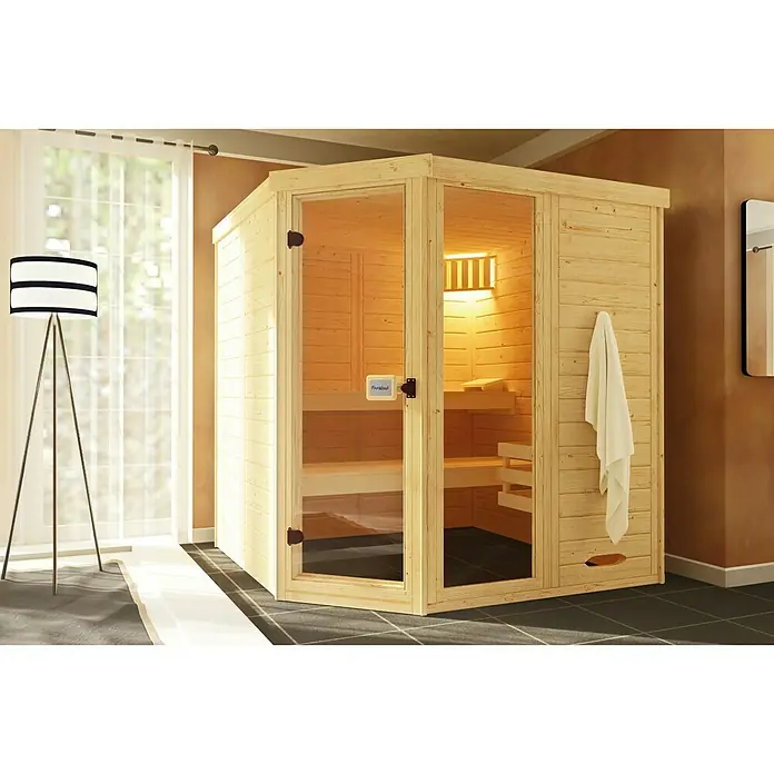 Finnwood Massivholzsauna Bjarne 1 - Mit 7,5 kW Saunaofen mit externer Steuerung, Material Tür: Einscheibensicherheitsglas (ESG), 187 x 187 x 200 cm - Stimmungsaufnahme