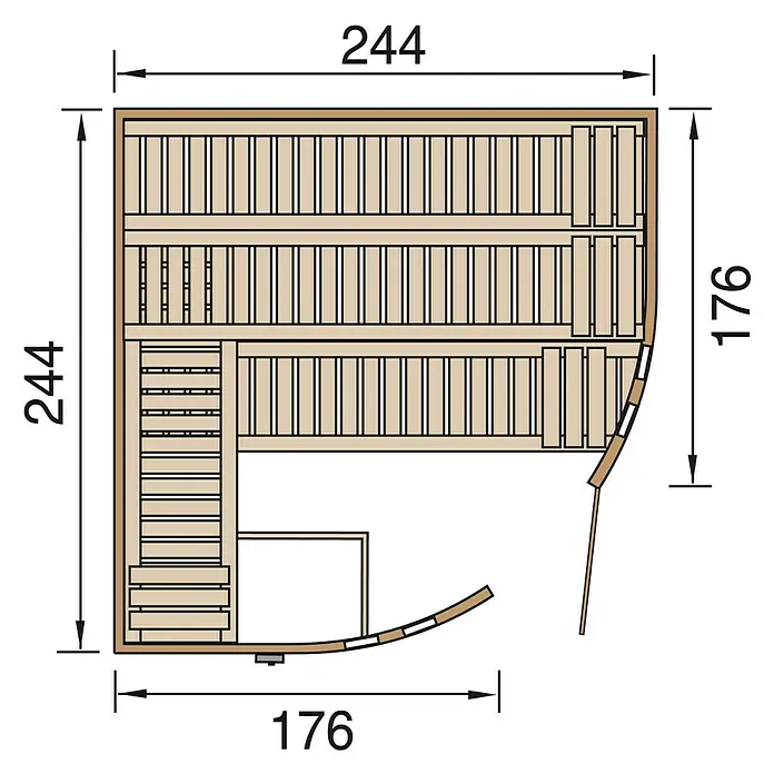 Finnwood Elementsauna Thea 2 - Mit 9 kW Saunaofen mit externer Steuerung, Material Tür: Einscheibensicherheitsglas (ESG), 242 x 242 x 199 cm - Ansicht von oben