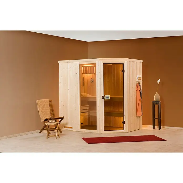 Finnwood Elementsauna Ronja Trend 3 - Mit 7,5 kW Saunaofen mit externer Steuerung, Material Tür: Einscheibensicherheitsglas (ESG), 192 x 192 x 199 cm - Stimmungsaufnahme
