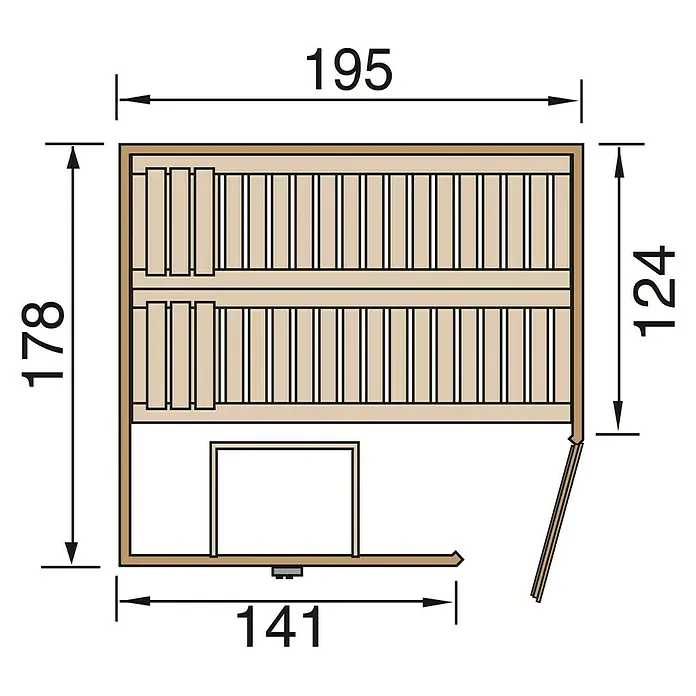 Finnwood Massivholzsauna Bjoern Trend 2 - Mit 7,5 kW Saunaofen mit externer Steuerung, Material Tür: Einscheibensicherheitsglas (ESG), 178 x 195 x 203 cm - Ansicht von oben