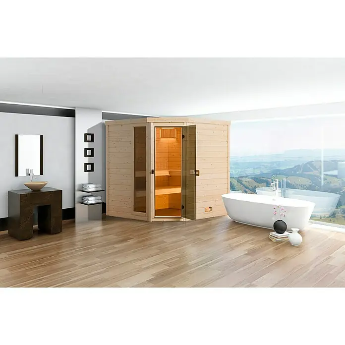Finnwood Massivholzsauna Bjoern Trend 2 - Mit 7,5 kW Bio-Ofen mit externer Steuerung, Material Tür: Einscheibensicherheitsglas (ESG), 178 x 195 x 203 cm - Stimmungsaufnahme