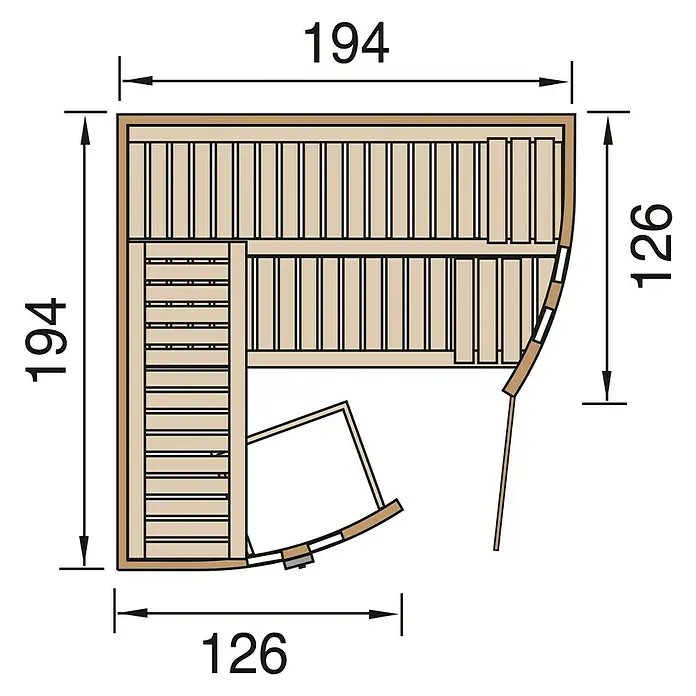 Finnwood Elementsauna Thea 1 - Mit 7,5 kW Saunaofen mit externer Steuerung, Material Tür: Einscheibensicherheitsglas (ESG), 192 x 192 x 199 cm - Ansicht von oben