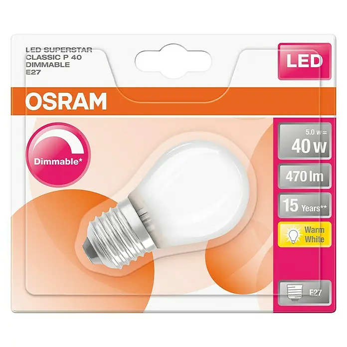 Osram Superstar Bombilla LED - E27, 5 W, P45, 470 lm, Blanco cálido