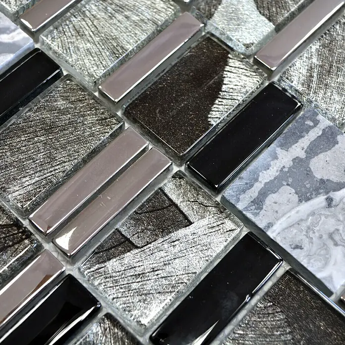 Mosaikfliese Multiformat Crystal Mix XCM NIKO10 - 29,8 x 29,8 cm, Grau/Schwarz, Glänzend - Detailaufnahme